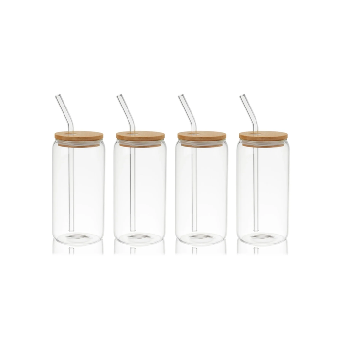 Set of 4 500ml Glass Tumbler with Wooden Lid and Glass Straw