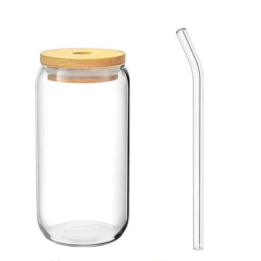 500ml Glass Tumbler with Wooden Lid and Glass Straw Set of 4