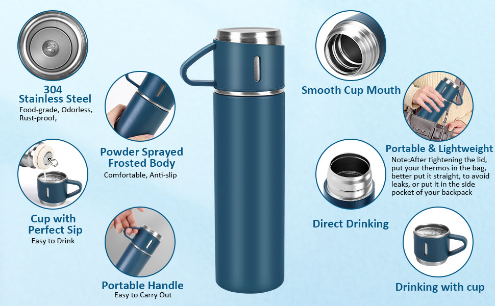 3 Piece Vacuum Insulated Thermal Flask & Cup Sets