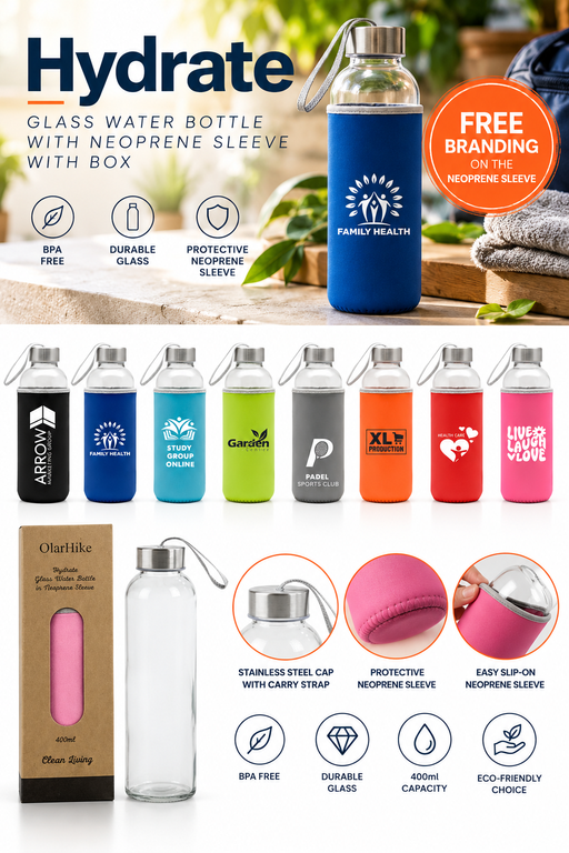 Hydrate Glass Water Bottle With Sleeve