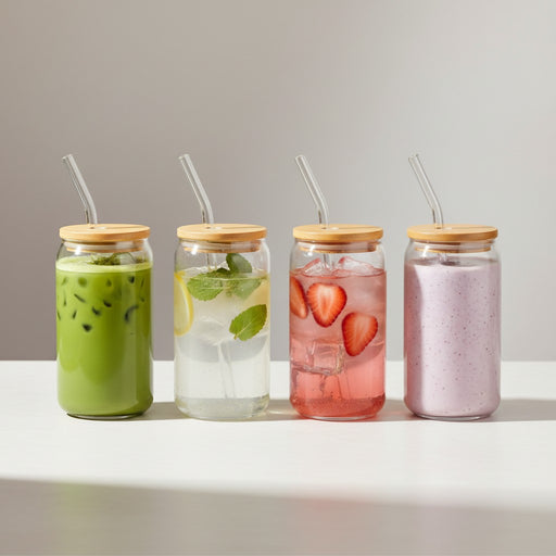 500ml Glass Tumbler with Wooden Lid and Glass Straw Set of 4
